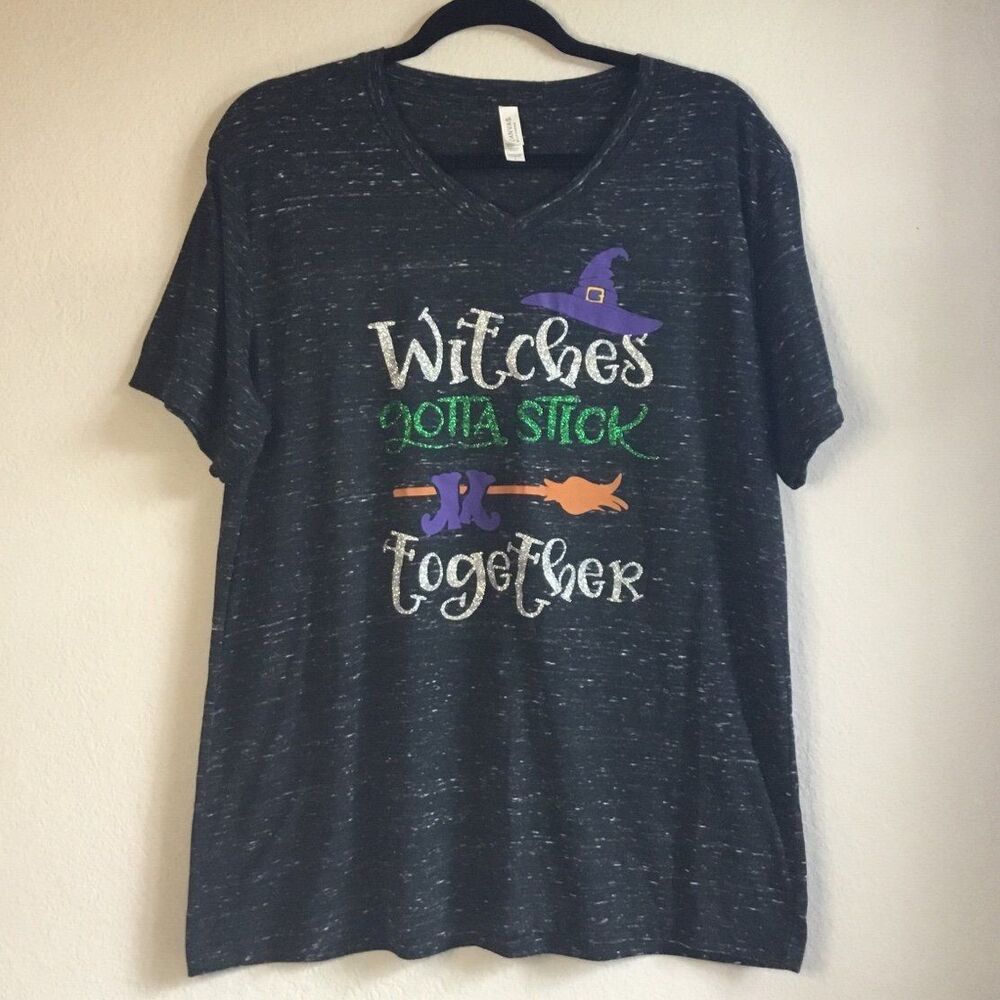 Black Halloween tee “Witches gotta stick together” witch witchy hat broom